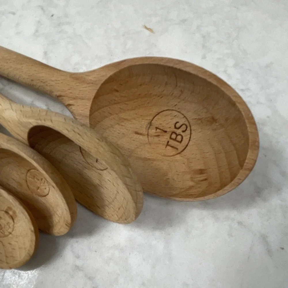 Wood Measuring Spoons Set 4-Piece Brown Round w/ Handles Measurement Markings